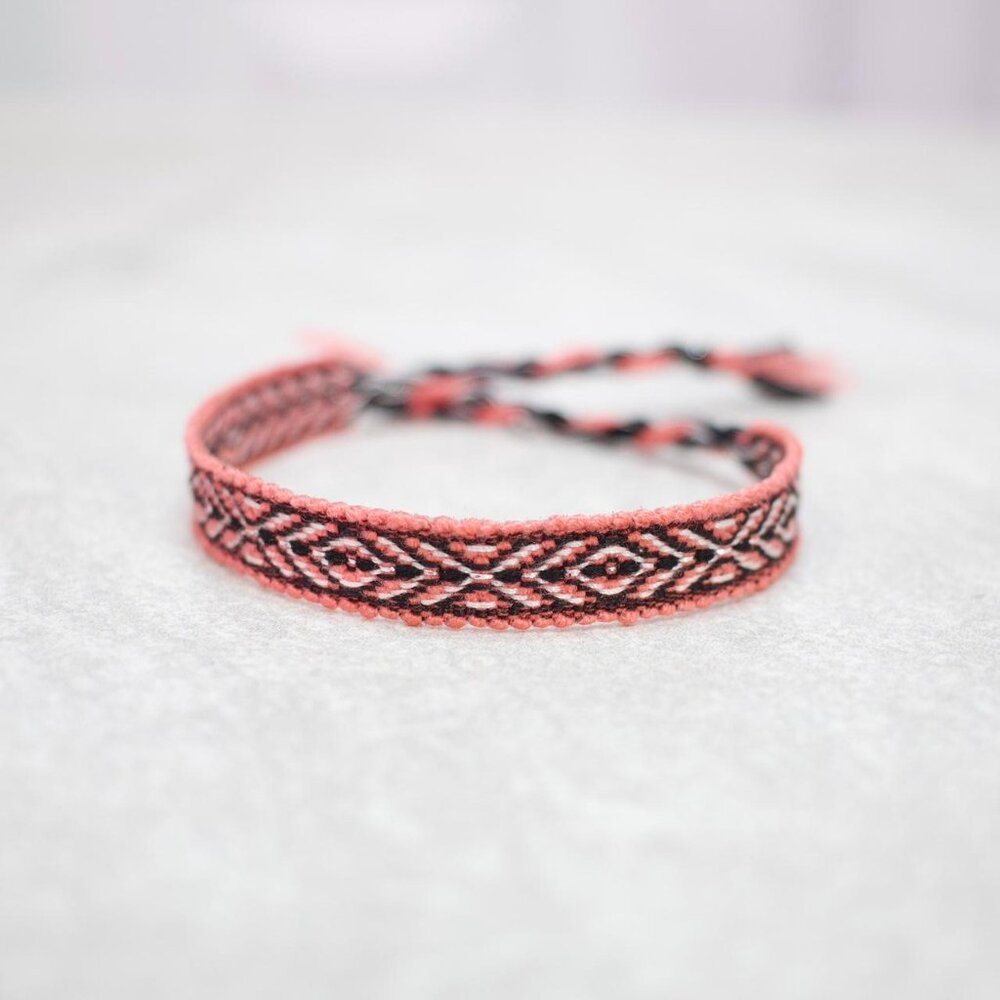 Coral Pink & White Boho Wool Woven Bracelet, Handcrafted Textile Bracelet, Light